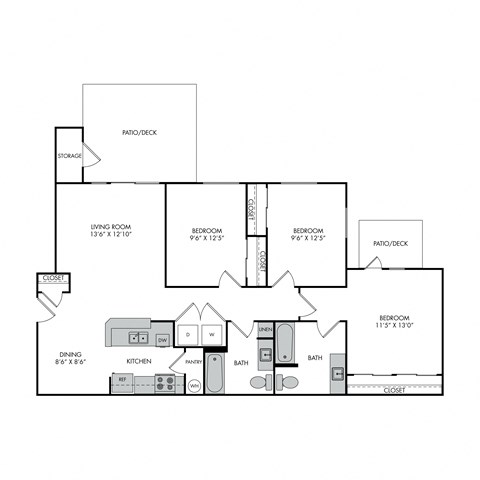 Floor plan for 3 beds, 2 baths, 1310 sqft